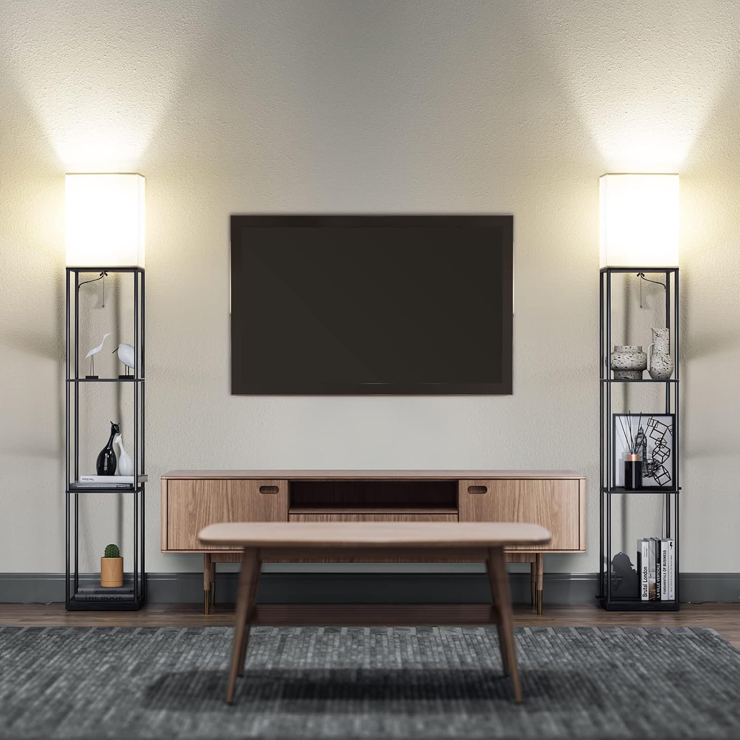 SUNMORY Floor Lamp with Shelves, Modern Square Standing Lamp with 3 Color Temperature Bulb - Image 2