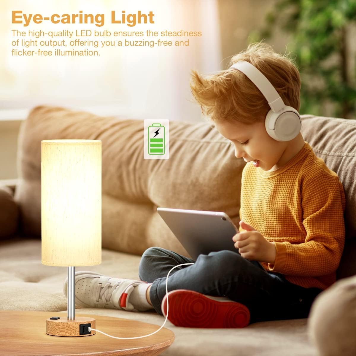Bedside Table Lamp for Bedroom - 3 Way Dimmable Touch Lamp USB C Charging Ports and AC Outlet, Small Lamp Wood Base - Image 2