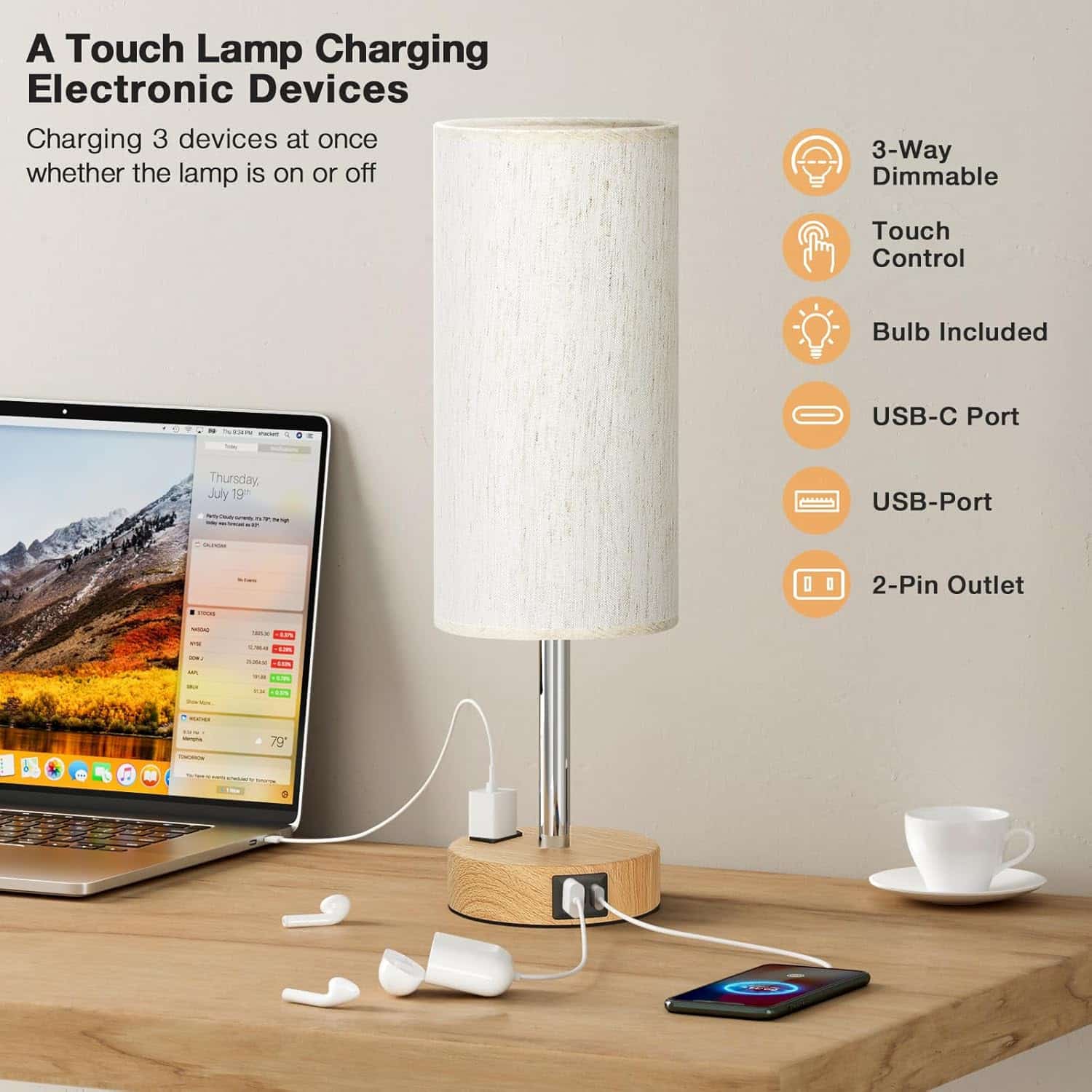 Bedside Table Lamp for Bedroom - 3 Way Dimmable Touch Lamp USB C Charging Ports and AC Outlet, Small Lamp Wood Base - Image 3